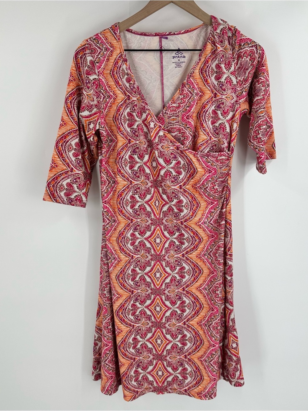 Prana Nadia Faux Wrap Dress Medium V-Neck Orange Pink Pocket Stretch Boho Casual